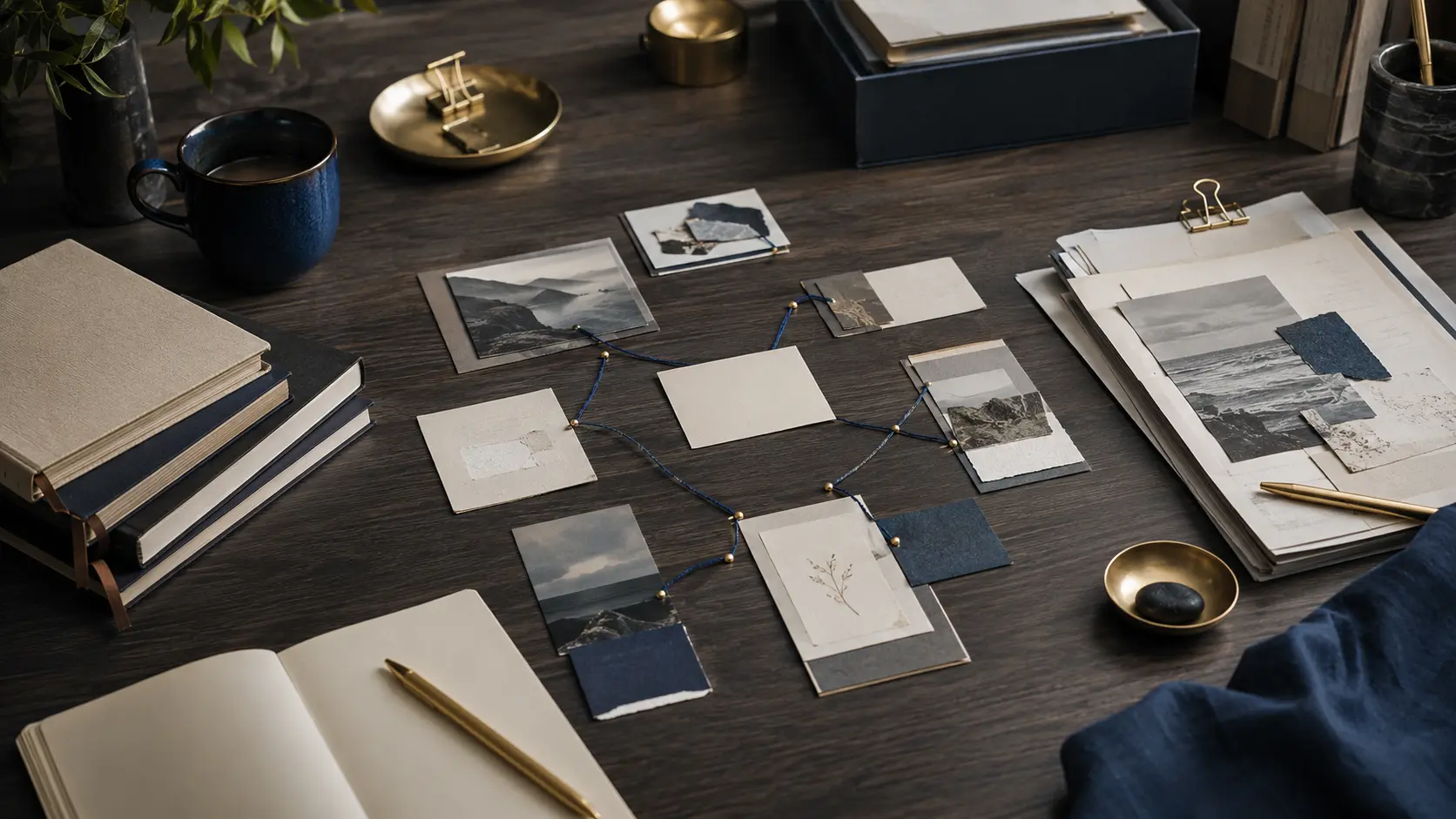 Research notebooks, source materials, and evidence cards connected into a field note