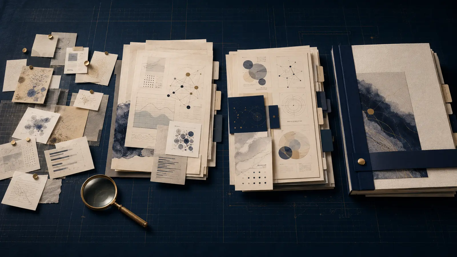 Research materials progressing from source signals through evidence and synthesis to a completed publication